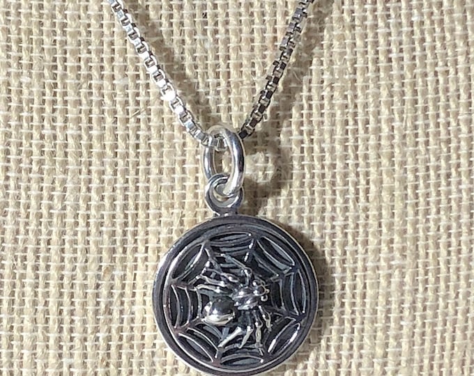 Sterling Silver Spinning Spider on Web Pendant    - Nature life  - Wild life - Insect Jewelry