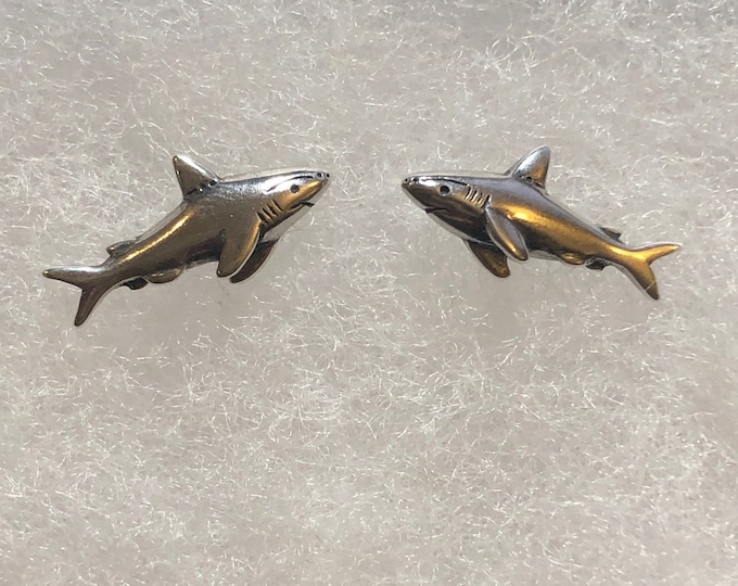 Oxidized Sterling Silver Shark Stud Earrings, Marine Sealife
