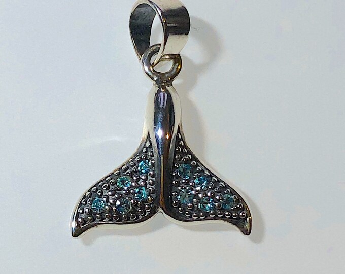 Small Whale Tail Pendant with Blue Crystals - Sterling Silver  925