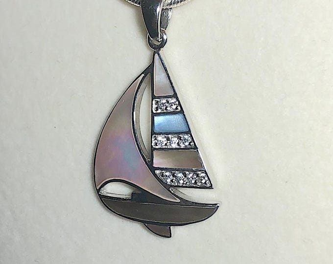Sterling Silver and Multi-Color Inlaid Shell Sailboat Pendant w/Crystals  - Sailing, nautical jewelry