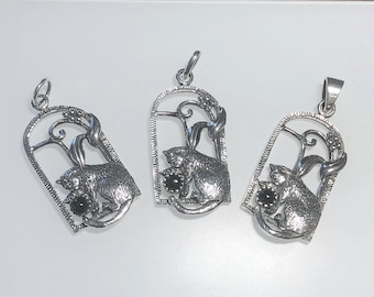 Vintage Sterling Silver Cat Pendant: Onyx or Crystal Accent