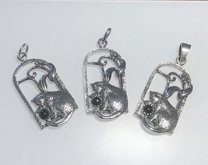 Vintage Sterling Silver Cat Pendant: Onyx or Crystal Accent