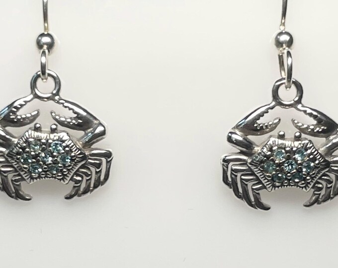 Sterling Silver Crab w/Aqua Crystals Wire Earrings