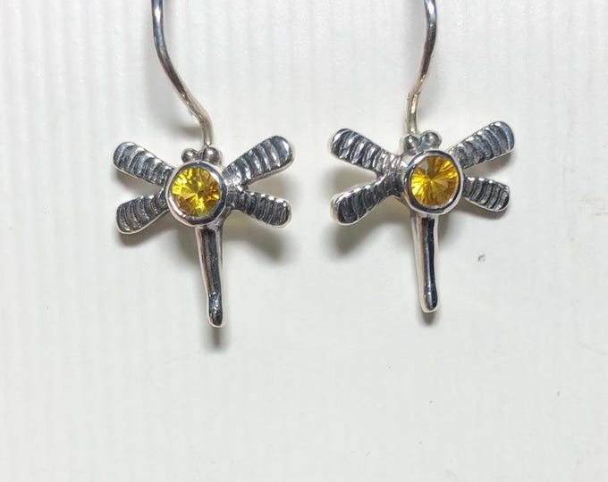 Sterling Silver Dragonfly with yellow crystals  earrings, nature, wild life Jewelry.