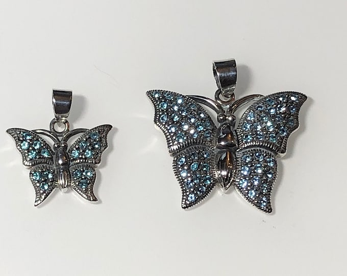 Sterling Silver Butterfly Pendant with Aqua Crystals Small and Large size