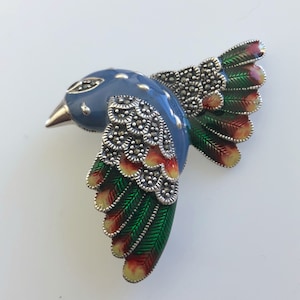 Sterling Silver Bird Brooch: Enamel & Marcasite Wildlife Pin