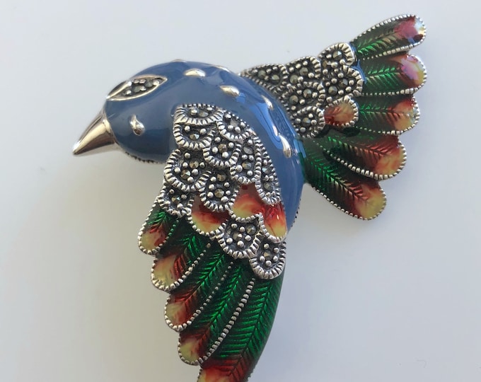 Sterling Silver Bird Brooch: Enamel & Marcasite Wildlife Pin
