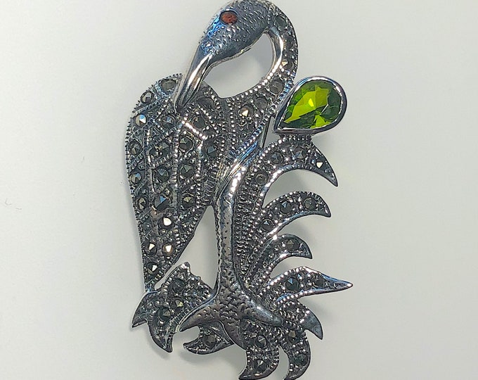 Sterling Silver, Marcasite Crane Pin Brooch with Faceted Red & Green Crystals, Wildlife, birds jewelry