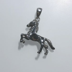 May include: A silver horse pendant charm. The horse is standing on its hind legs with its head held high. The pendant has a loop at the top for attaching to a chain or necklace.