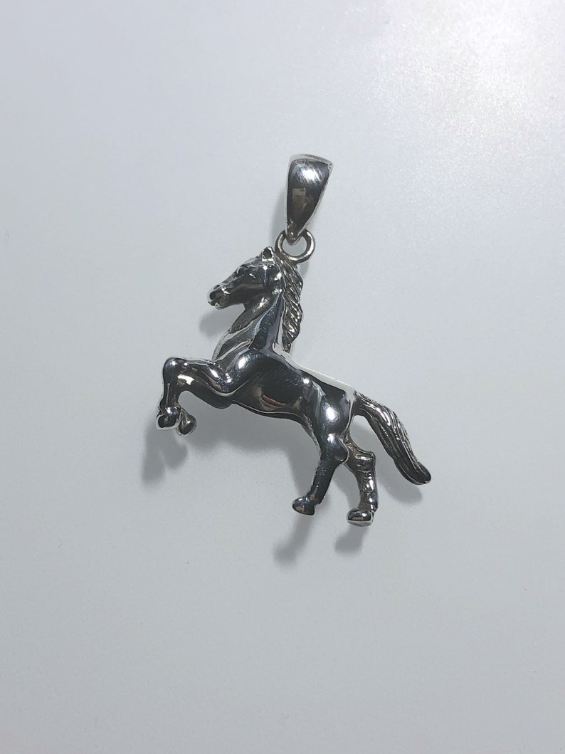 May include: A silver horse pendant charm. The horse is standing on its hind legs with its head held high. The pendant has a loop at the top for attaching to a chain or necklace.