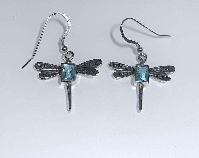 Sterling Silver Dragonfly with Blue Topaz Earrings, Nature life Jewelry