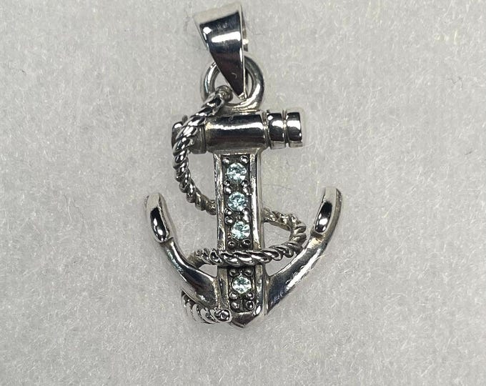 Sterling Silver Nautical Anchor w/  Aqua Crystal Stones Pendant - Nautical jewelry