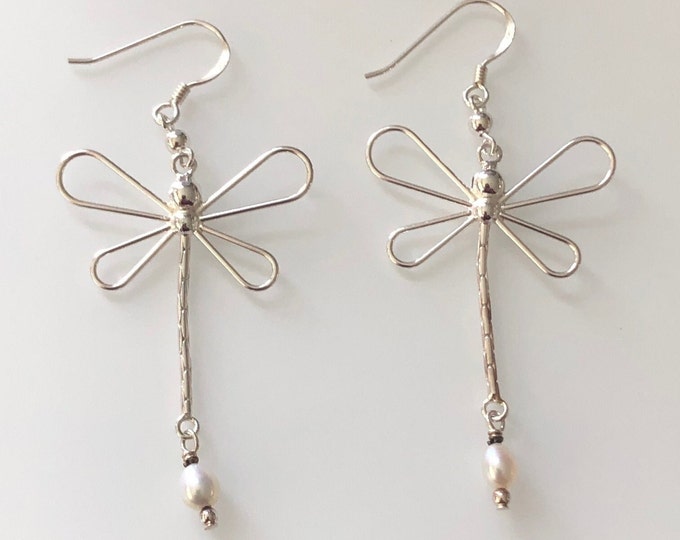 Sterling Silver Dragonfly with Pearl Wire Earrings, Nature life Jewelry