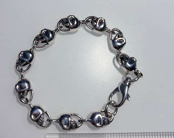 Sterling Silver 8" Skull Heads Link Bracelet