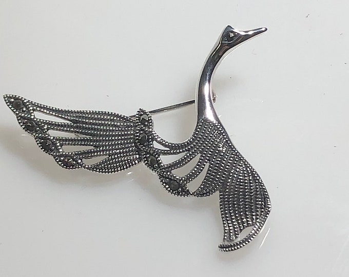 Sterling Silver Flying Swan Pin with Marcasite Stones