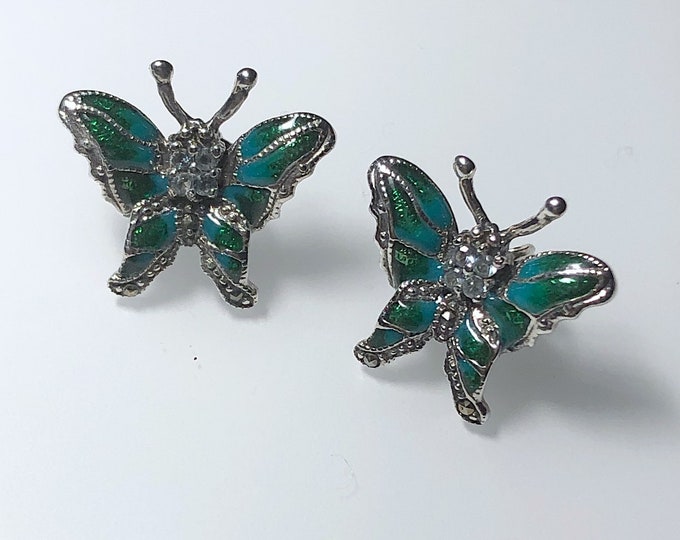 Sterling Silver Butterfly  Earrings with Enamel and Light Blue Crystals, Wildlife jewelry, insects earrings