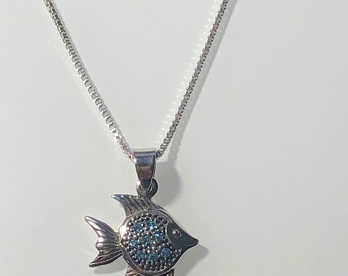 Sterling Silver Angelfish Necklace / Pendant with Aqua Crystal Stones - Sealife, marine jewelry