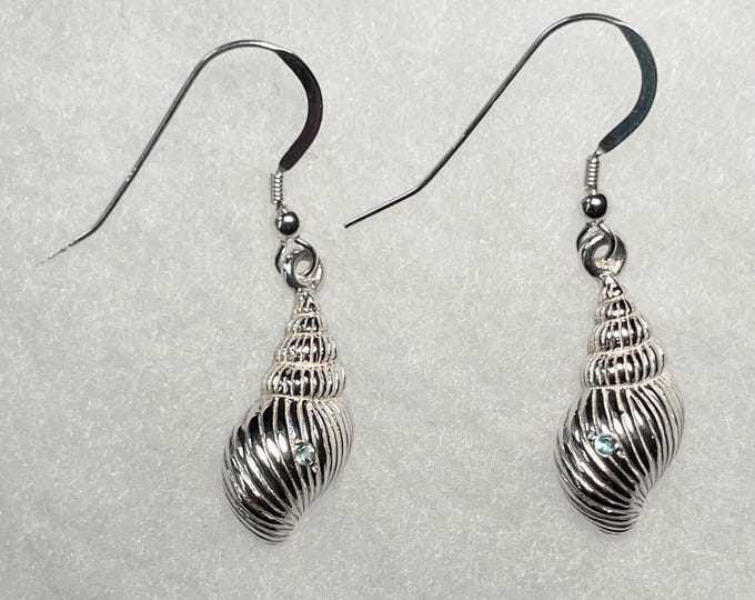 Sterling Silver Conch Shell Wire Earrings w/Faceted Aqua Crystal Stone