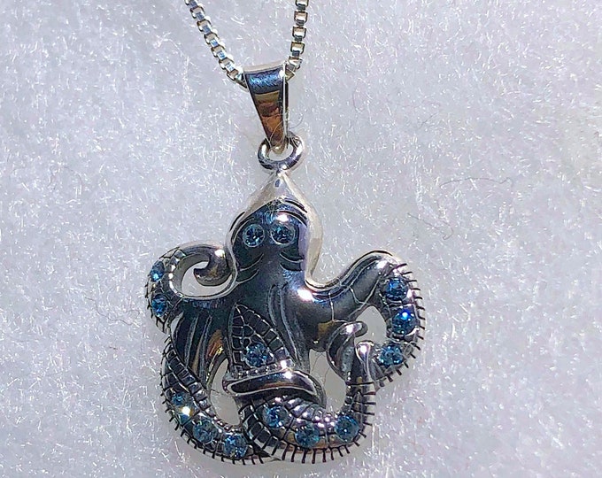 Sterling Silver Octopus Necklace / Pendant with Aqua Crystal Stones