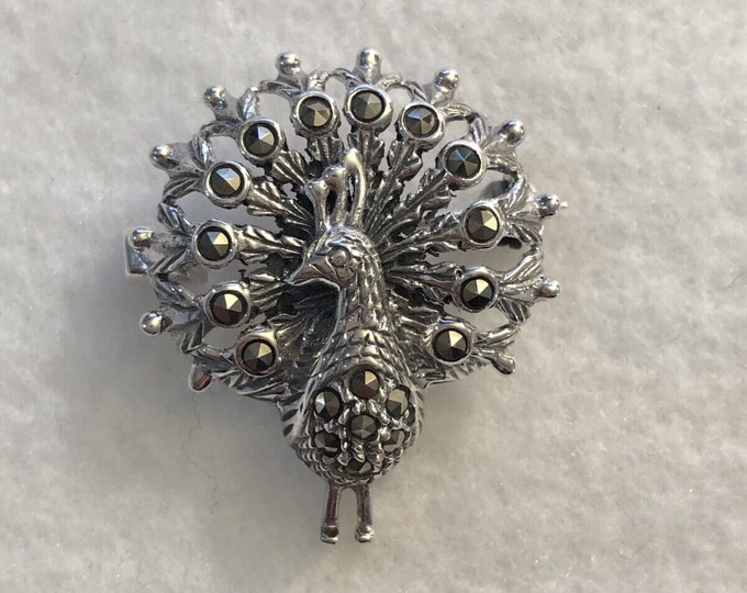 Sterling Silver Peacock Pin Brooch with Marcasite Stones, Birds, Wildlife Jewelry