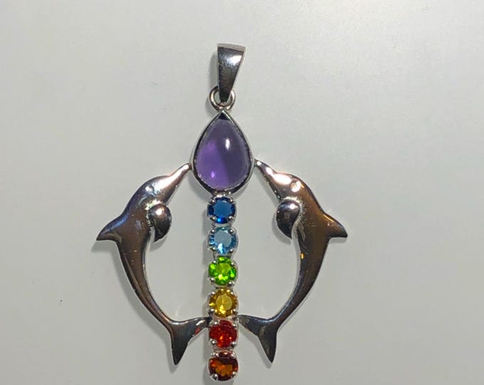 Sterling Silver Double Dolphin Pendant w/ Chakra Stones - Sealife jewelry - mystical