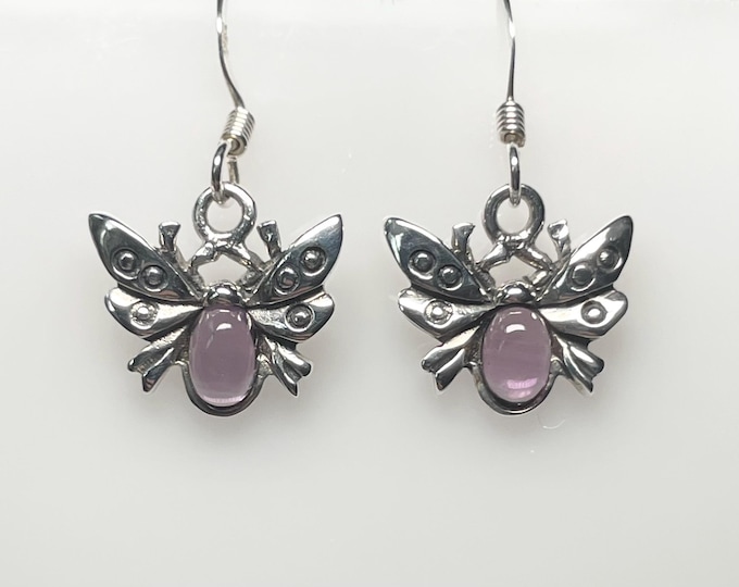 Sterling Silver Flying Beetle Pendant w/Purple Crystal Body - Insect jewelry