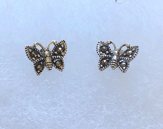 Sterling Silver Small Butterfly  Earrings with Marcasite Stones , Wildlife jewelry, insects earrings