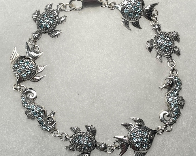 Sterling Silver 8" Angelfish, Turtle, and Seahorse Bracelet with Faceted Aqua Crystal Stones