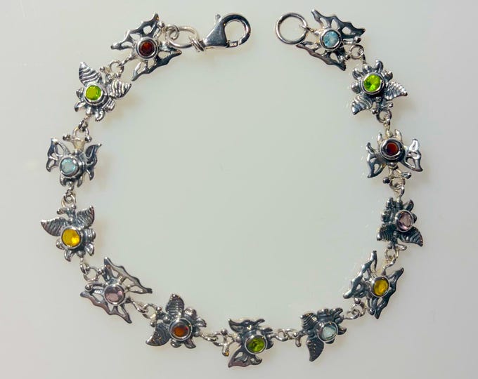 Sterling Silver 7.25" Butterfly Link  Bracelet with multicolored stones