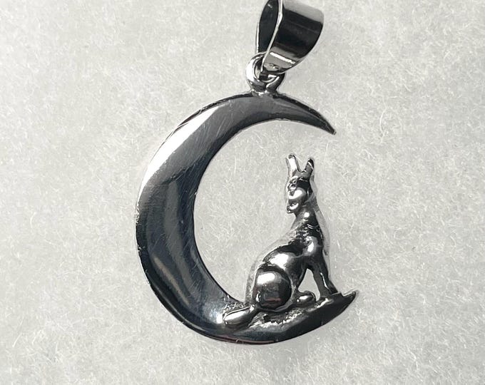 Sterling Silver Coyote and Moon Pendant