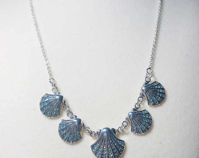 Sterling Silver Scallop Shell  Necklace  with Faceted Aqua Crystals - Marine Life jewelry