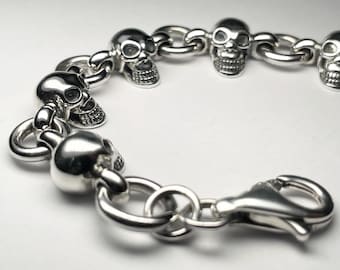 Sterling Silver 8.5" Skulls and O Rings Bracelet -  Motorcycle, Gothic, skull jewelry