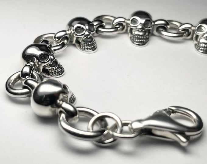 Sterling Silver 8.5" Skulls and O Rings Bracelet -  Motorcycle, Gothic, skull jewelry