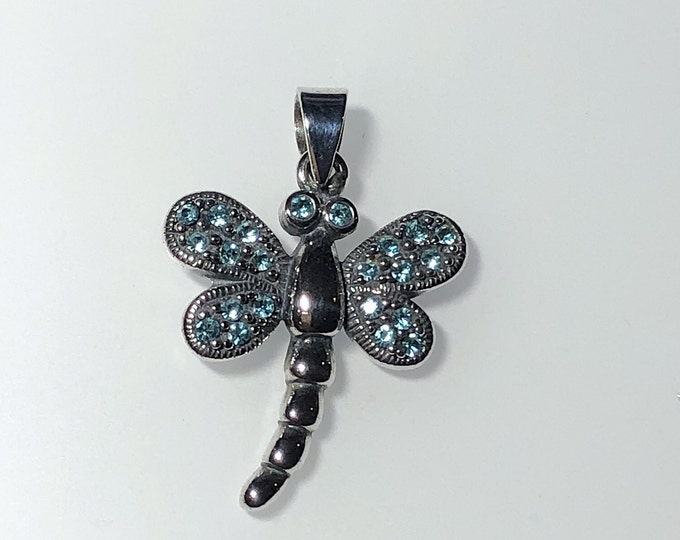 Sterling Silver Dragonfly with Aqua Crystals Pendant -  Wildlife jewelry - Insects - summer jewelry