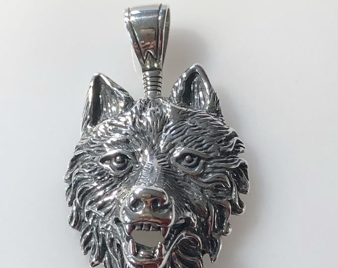 Sterling Silver Growling Wolf Head Pendant  - Animal - Nature -