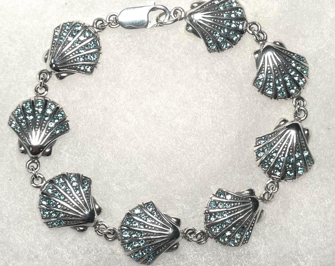 Sterling Silver Scallop Shell  Bracelet with Faceted Aqua Crystals