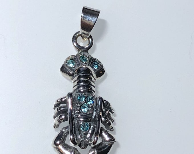 Sterling Silver Lobster with faceted aqua crystals stones  Pendant, Sealife, Marine life.