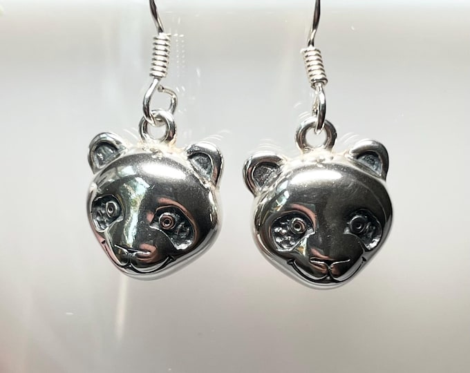 Sterling Silver Panda Face Wire Earrings - Cute, animal earrings