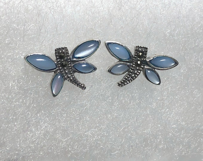 Sterling Silver Dragonfly Earrings: Blue Shell Wings, Marcasite