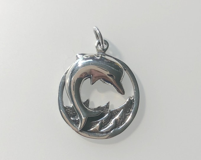 Sterling Silver Dolphin on Waves Pendant , Sealife, Beach, Summer Jewelry