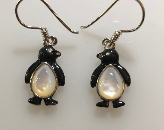 Sterling Silver Penguin Wire Earrings with Black Enamel
