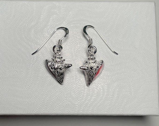 Sterling Silver Shell Conch w/Enamel Accents -  Wire earrings, Sealife, Marine life.