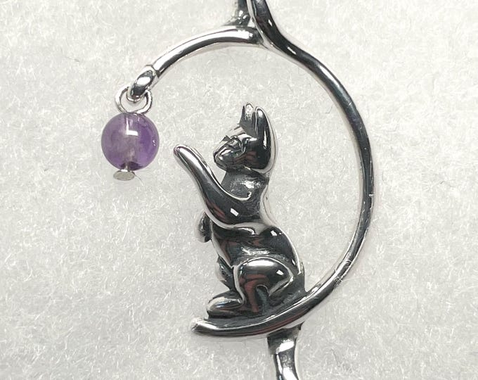 Sterling Silver Cat Pendant – Playing with Purple Crystal Bead