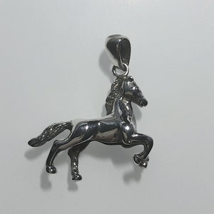May include: Silver horse pendant charm. The horse is standing on its hind legs with its head turned to the side. The pendant has a loop at the top for attaching to a chain.