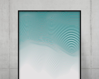 Op de afbeelding: Een ingelijste poster met een abstract ontwerp in teal en wit. De poster heeft het woord "TEAL" en de hex-code "#008080" erop gedrukt.