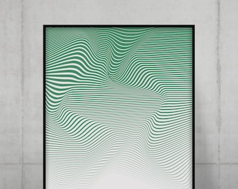 Op de afbeelding: Een ingelijste poster met een abstract ontwerp in groen en wit. De poster heeft de tekst "SEA GREEN #2E8B57" onderaan.
