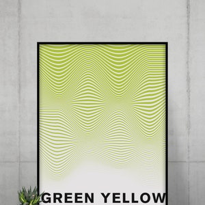May include: A framed poster featuring a green and white wavy pattern. The text "GREEN YELLOW #ADFF2F" is at the bottom of the poster.