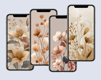May include: Four smartphones displaying floral watercolor designs. Each phone features a different arrangement of flowers in shades of beige, brown, and peach. The floral patterns are set against a neutral background, creating a soft, artistic aesthetic.