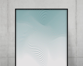 Op de afbeelding: Een ingelijst afdruk met een abstract ontwerp in blauw en wit. De tekst "CADET BLUE #5F9EA0" staat onderaan de afdruk.