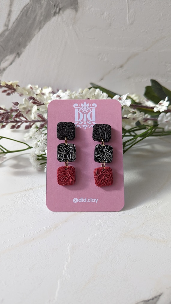 New style Handmade Stud clay erring, lightweight jewellery, Gift for her, Burthday, Summer style, Made in UK, red, blak, silver earings